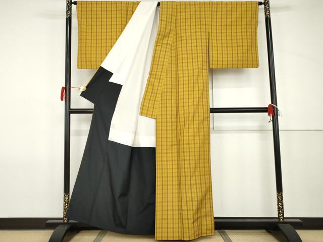 平和屋着物●黄八丈　紬　平織　格子　正絹　逸品　AABJ9958cs
