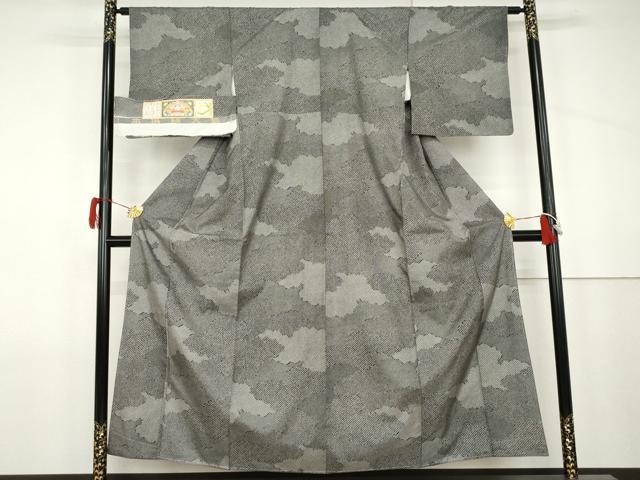 平和屋着物●本場縞大島紬　染大島　鹿の子雲重ね文　黒地　宮之原織物謹製　証紙付き　正絹　逸品　未使用　AABJ9961cs