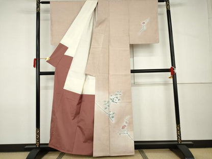 平和屋着物●訪問着　紬地　枝花文　金銀彩　正絹　逸品　未使用　AABJ9963cs
