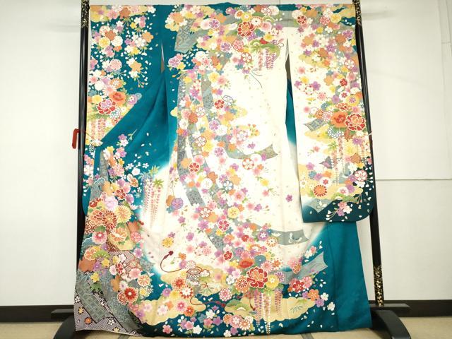 平和屋着物●豪華振袖　駒刺繍　束ね熨斗花蝶文　暈し染め　金彩　銀通し地　正絹　逸品　AABJ9964cs