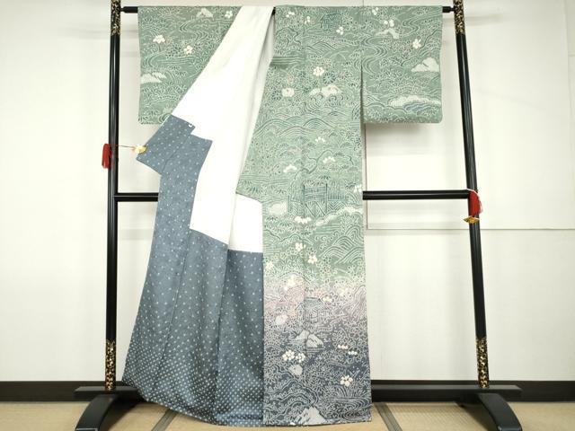 平和屋着物●名門　藤娘きぬたや・総絞り　訪問着　流水風景文　暈し染め　正絹　逸品　AABJ9965cs