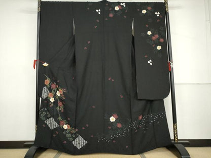 平和屋着物●豪華振袖　絞り　葉桜　黒地　金彩　ますいわ屋扱い　正絹　逸品　AABJ9990cs