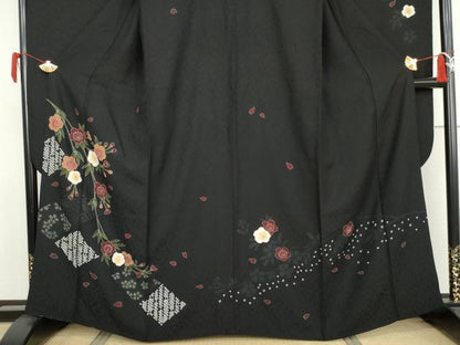 平和屋着物●豪華振袖　絞り　葉桜　黒地　金彩　ますいわ屋扱い　正絹　逸品　AABJ9990cs