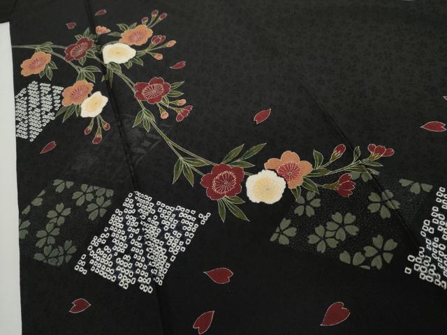 平和屋着物●豪華振袖　絞り　葉桜　黒地　金彩　ますいわ屋扱い　正絹　逸品　AABJ9990cs