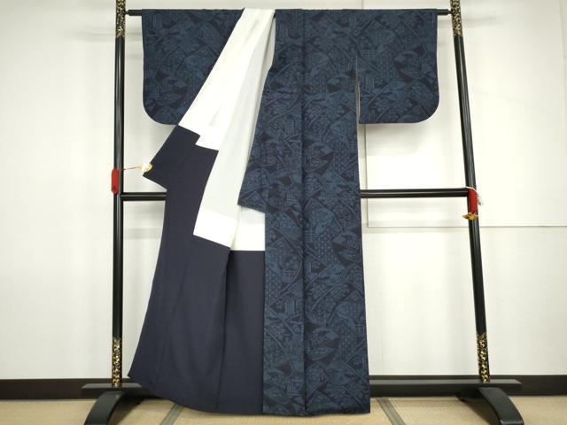 平和屋着物●結城紬　100亀甲　絵巻吉祥花文　正絹　逸品　AABJ9994cs