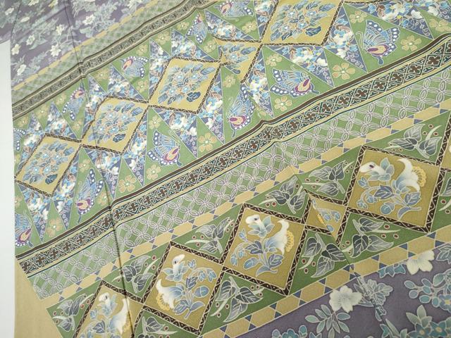 平和屋着物●本加賀友禅作家　澤田谿女　訪問着　更紗花蝶文　正絹　逸品　AABJ9998cs
