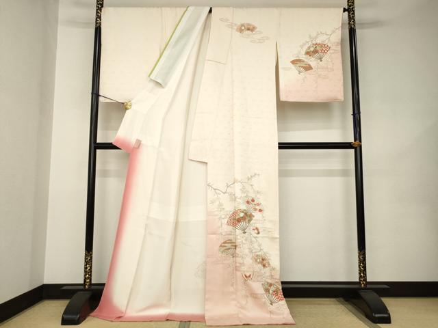 平和屋着物●訪問着　流水扇面花蝶文　暈し染め　金彩　ロング丈　正絹　逸品　AABK0008ck