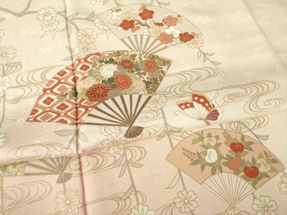 平和屋着物●訪問着　流水扇面花蝶文　暈し染め　金彩　ロング丈　正絹　逸品　AABK0008ck