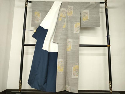 平和屋着物●小千谷紬　短冊流水花文　正絹　逸品　AABK0015ck