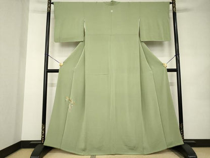 平和屋着物●上質な色無地　総刺繍　楽器花文　鶸茶色　ワンポイント　正絹　逸品　AABK0016ck