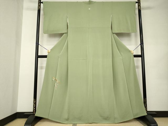 平和屋着物●上質な色無地　総刺繍　楽器花文　鶸茶色　ワンポイント　正絹　逸品　AABK0016ck