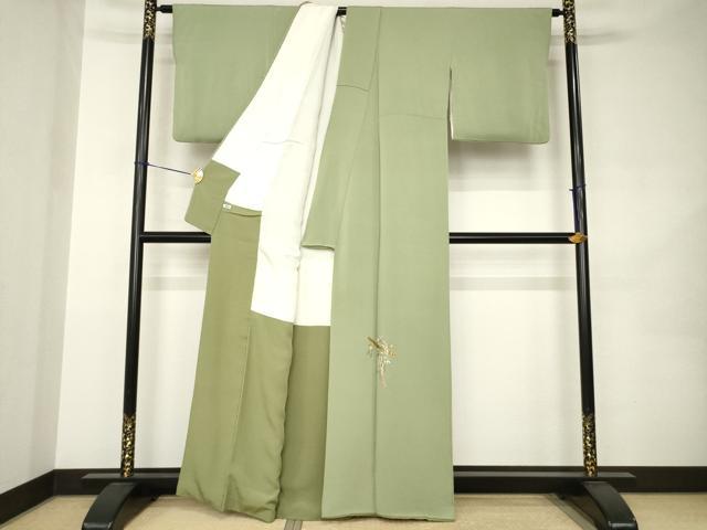 平和屋着物●上質な色無地　総刺繍　楽器花文　鶸茶色　ワンポイント　正絹　逸品　AABK0016ck