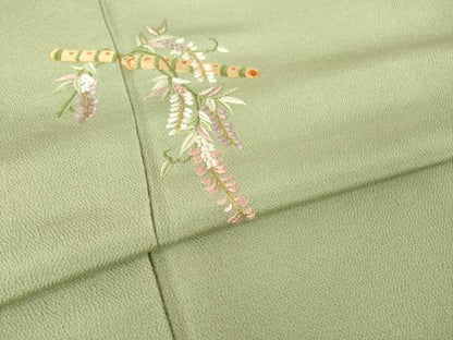 平和屋着物●上質な色無地　総刺繍　楽器花文　鶸茶色　ワンポイント　正絹　逸品　AABK0016ck
