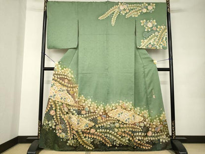 平和屋着物●越後十日町の一流染匠　桐屋・翠山工房　訪問着　辻が花　絞り　舞花文　金彩　金通し地　正絹　逸品　AABK0018ck