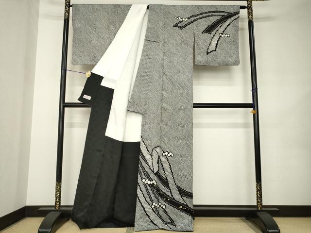 平和屋着物●訪問着　総絞り　蔓帯箔散らし文　黒地　金彩　やまと誂製　正絹　逸品　AABK0020ck
