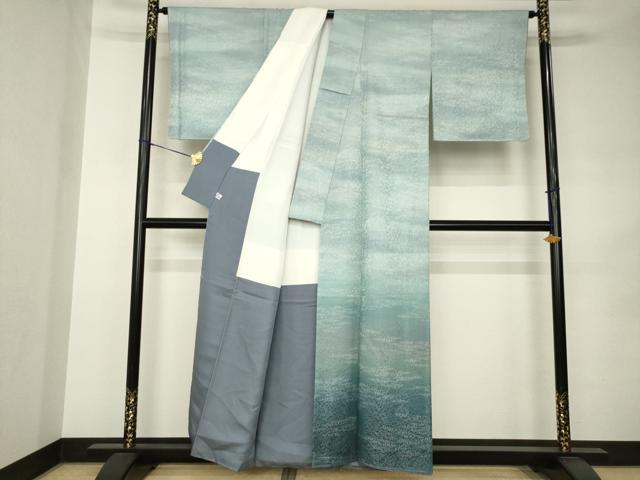 平和屋着物●訪問着　霞文　暈し染め　銀通し地　正絹　逸品　AABK0023ck