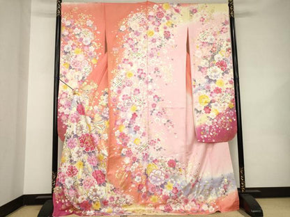 平和屋着物●豪華振袖　刺繍　舞花文　暈し染め　金糸　金彩　銀通し地　ロング丈　正絹　逸品　未使用　AABK0041ck