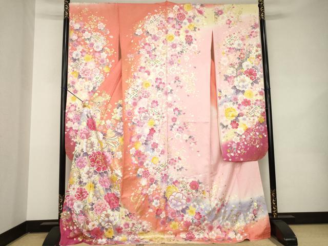 平和屋着物●豪華振袖　刺繍　舞花文　暈し染め　金糸　金彩　銀通し地　ロング丈　正絹　逸品　未使用　AABK0041ck