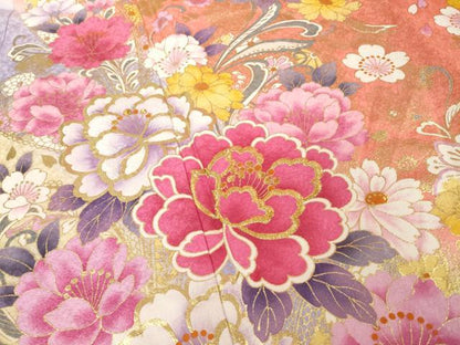平和屋着物●豪華振袖　刺繍　舞花文　暈し染め　金糸　金彩　銀通し地　ロング丈　正絹　逸品　未使用　AABK0041ck