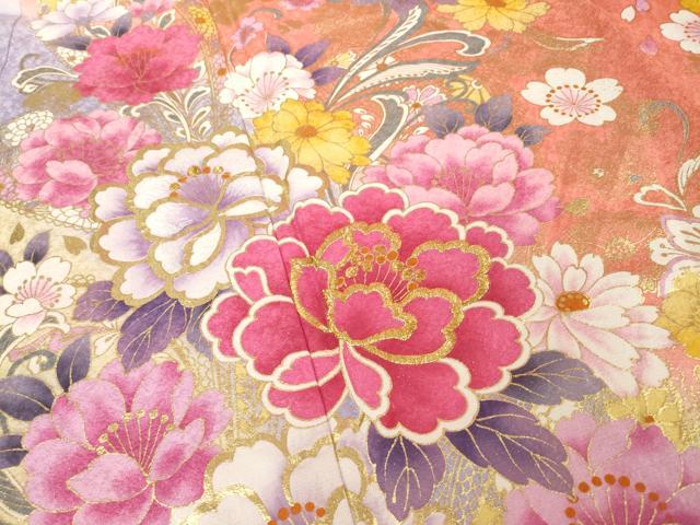 平和屋着物●豪華振袖　刺繍　舞花文　暈し染め　金糸　金彩　銀通し地　ロング丈　正絹　逸品　未使用　AABK0041ck