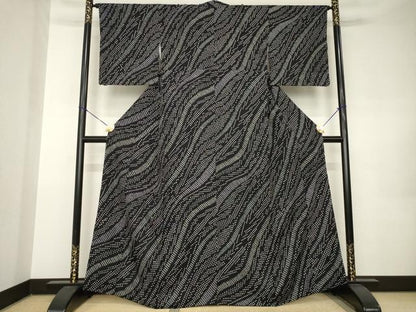平和屋着物●上質な小紋　総絞り　流水文　黒地　さが美扱い　正絹　逸品　AABK0069ck