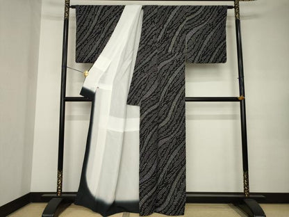 平和屋着物●上質な小紋　総絞り　流水文　黒地　さが美扱い　正絹　逸品　AABK0069ck