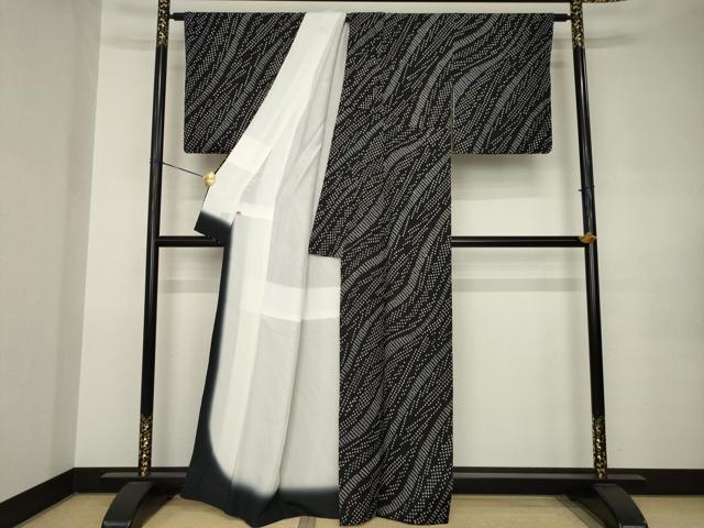 平和屋着物●上質な小紋　総絞り　流水文　黒地　さが美扱い　正絹　逸品　AABK0069ck