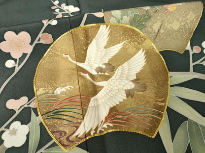 平和屋着物●豪華色留袖　駒刺繍　飛鶴花文　金彩　正絹　逸品　AABK0071ck