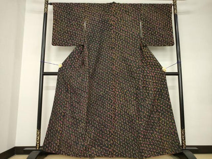 平和屋着物●上質な小紋　紬地　総絞り　黒地　正絹　逸品　AABK0072ck