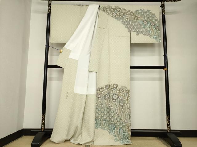 平和屋着物●樋熊哲也　訪問着　辻が花　絞り　手描き　訪問着　辻が花　雪輪重ね花文　正絹　逸品　AABK0073ck
