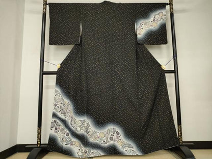 平和屋着物●訪問着　辻が花　道長花文　暈し染め　黒地　金彩　さが美扱い　正絹　逸品　AABK0076ck
