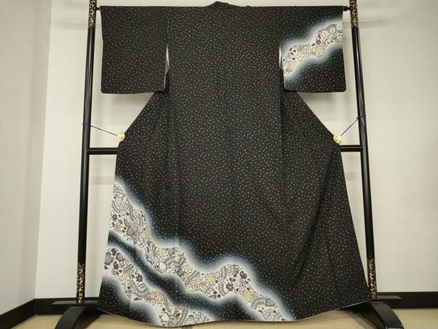 平和屋着物●訪問着　辻が花　道長花文　暈し染め　黒地　金彩　さが美扱い　正絹　逸品　AABK0076ck