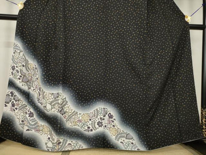 平和屋着物●訪問着　辻が花　道長花文　暈し染め　黒地　金彩　さが美扱い　正絹　逸品　AABK0076ck