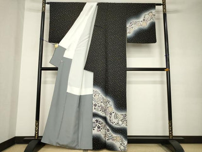 平和屋着物●訪問着　辻が花　道長花文　暈し染め　黒地　金彩　さが美扱い　正絹　逸品　AABK0076ck