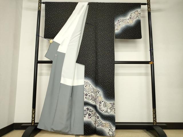 平和屋着物●訪問着　辻が花　道長花文　暈し染め　黒地　金彩　さが美扱い　正絹　逸品　AABK0076ck