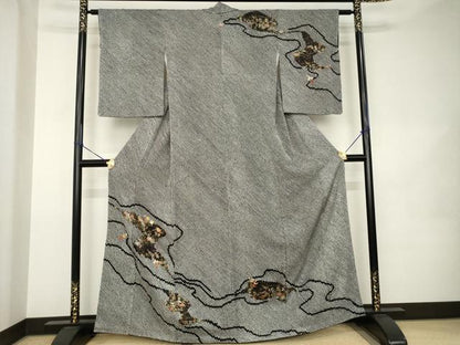 平和屋着物●訪問着　総絞り　刺繍　流水花文　黒地　金糸　金彩　正絹　逸品　未使用　AABK0091ck