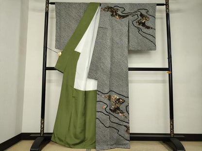 平和屋着物●訪問着　総絞り　刺繍　流水花文　黒地　金糸　金彩　正絹　逸品　未使用　AABK0091ck