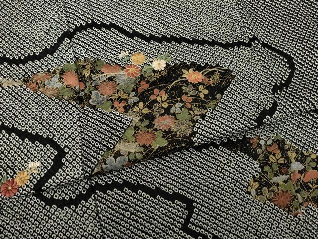 平和屋着物●訪問着　総絞り　刺繍　流水花文　黒地　金糸　金彩　正絹　逸品　未使用　AABK0091ck