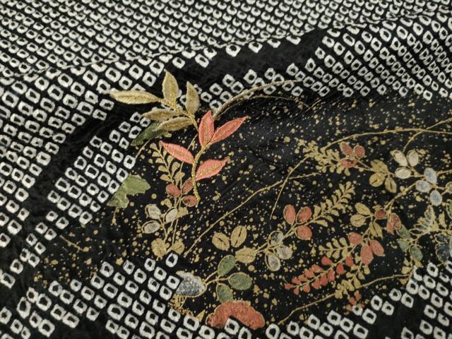 平和屋着物●訪問着　総絞り　刺繍　流水花文　黒地　金糸　金彩　正絹　逸品　未使用　AABK0091ck