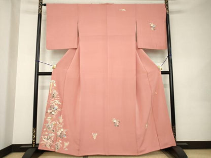 平和屋着物●本加賀友禅作家　柿本市郎　訪問着　草花文　正絹　逸品　AABK0096ck