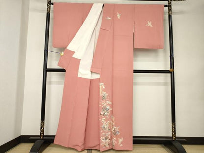 平和屋着物●本加賀友禅作家　柿本市郎　訪問着　草花文　正絹　逸品　AABK0096ck