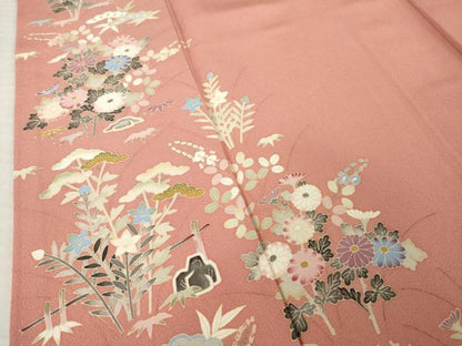 平和屋着物●本加賀友禅作家　柿本市郎　訪問着　草花文　正絹　逸品　AABK0096ck
