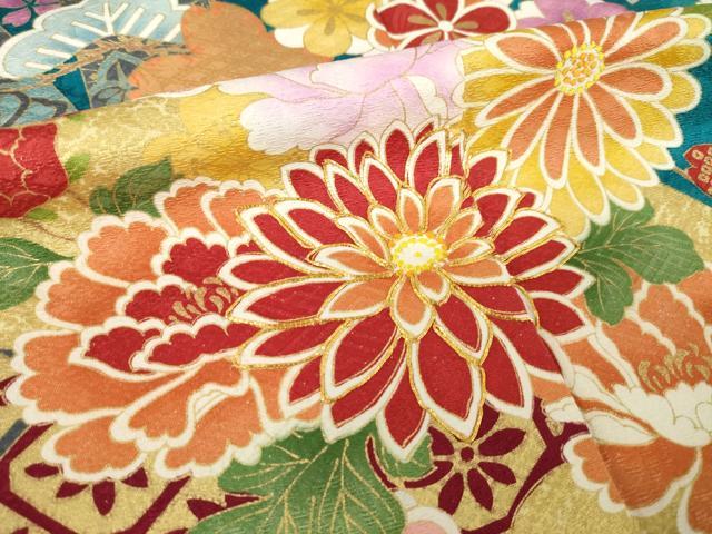 平和屋着物●豪華振袖　駒刺繍　蔓帯吉祥花文　金彩　銀通し地　ロング丈　正絹　逸品　AABK0101ck