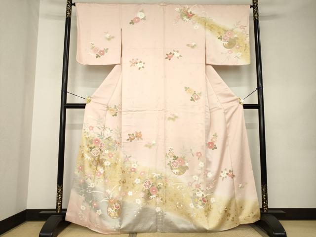 平和屋着物●訪問着　刺繍　花篭文　暈し染め　金彩　正絹　逸品　AABK0118ck