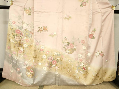 平和屋着物●訪問着　刺繍　花篭文　暈し染め　金彩　正絹　逸品　AABK0118ck