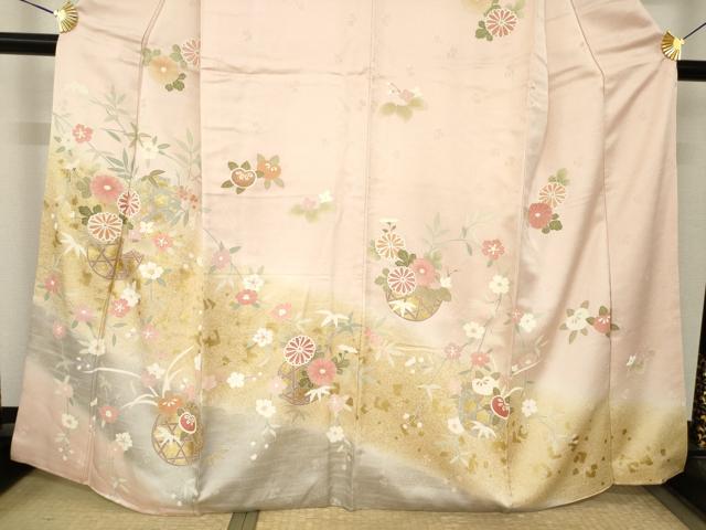 平和屋着物●訪問着　刺繍　花篭文　暈し染め　金彩　正絹　逸品　AABK0118ck