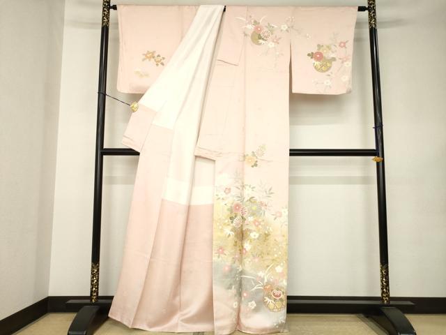 平和屋着物●訪問着　刺繍　花篭文　暈し染め　金彩　正絹　逸品　AABK0118ck