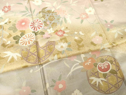 平和屋着物●訪問着　刺繍　花篭文　暈し染め　金彩　正絹　逸品　AABK0118ck