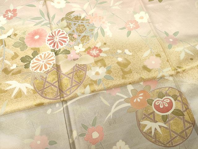平和屋着物●訪問着　刺繍　花篭文　暈し染め　金彩　正絹　逸品　AABK0118ck