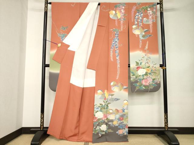 平和屋着物●十日町　加賀草木友禅の第一人者　田村哲彦　振袖　鴛鴦花文　暈し染め　正絹　逸品　AABK0125ck